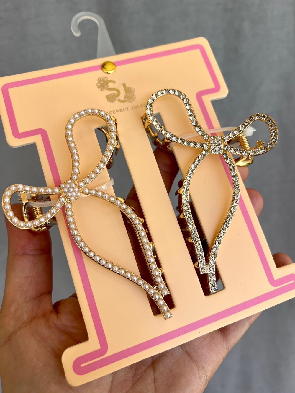 Sincerely Jules Pearl Crystal Bow Metal hair Claw clip set of 2 NWT